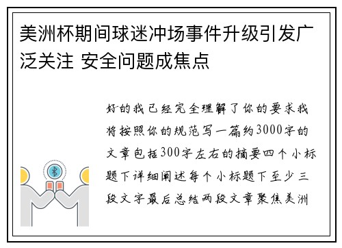 美洲杯期间球迷冲场事件升级引发广泛关注 安全问题成焦点