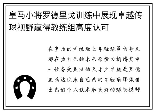 皇马小将罗德里戈训练中展现卓越传球视野赢得教练组高度认可